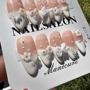 Chic Pink and White Press-On Nails with Pearl Accents
